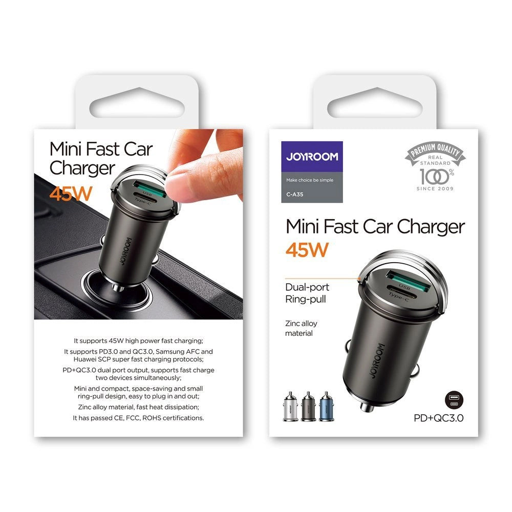 Biloplader Joyroom C-A35, 45W, 5A, 1 x USB-A - 1 x USB-C, Grå