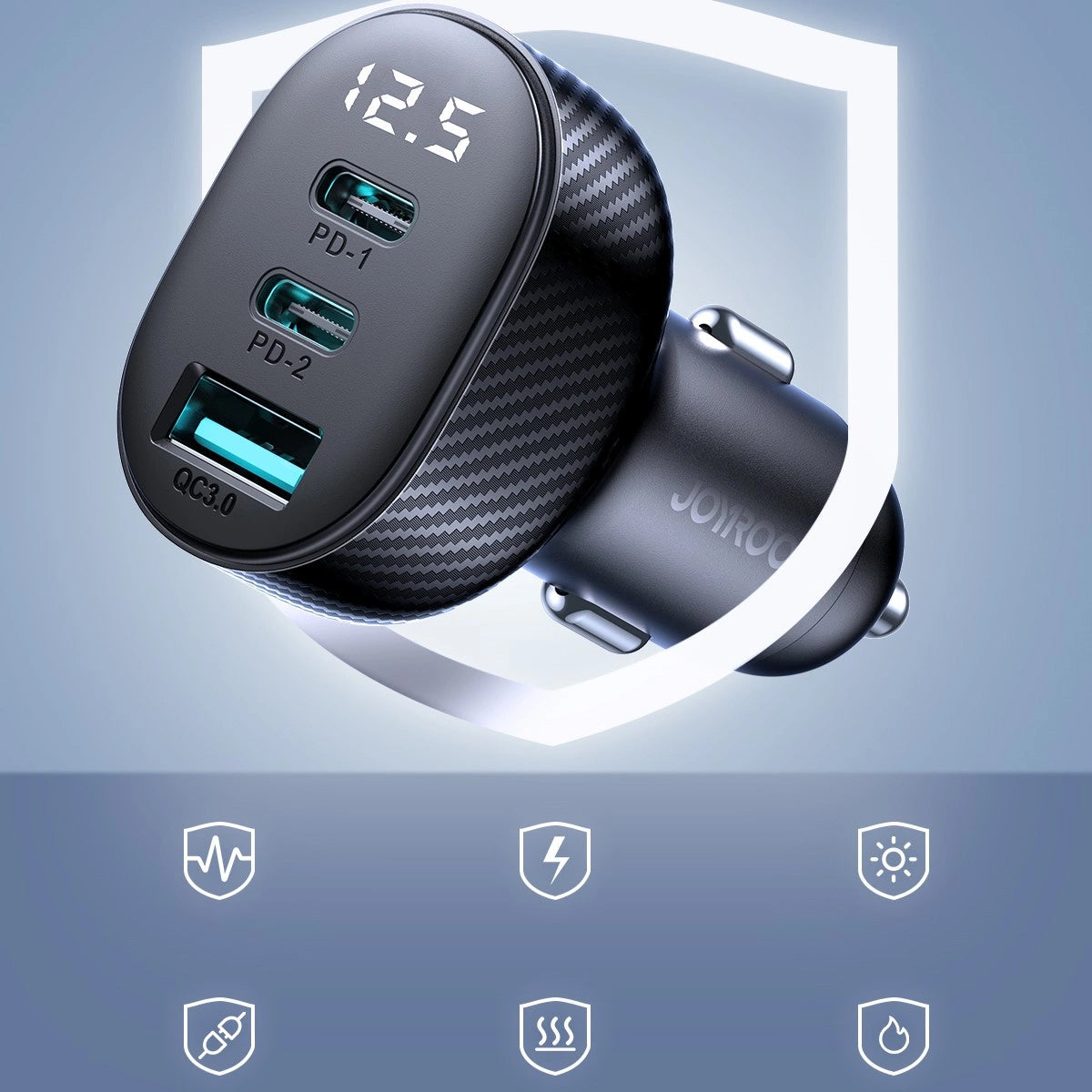Biloplader Joyroom JR-CCD04, 30W, 3A, 1 x USB-A - 2 x USB-C, Sort