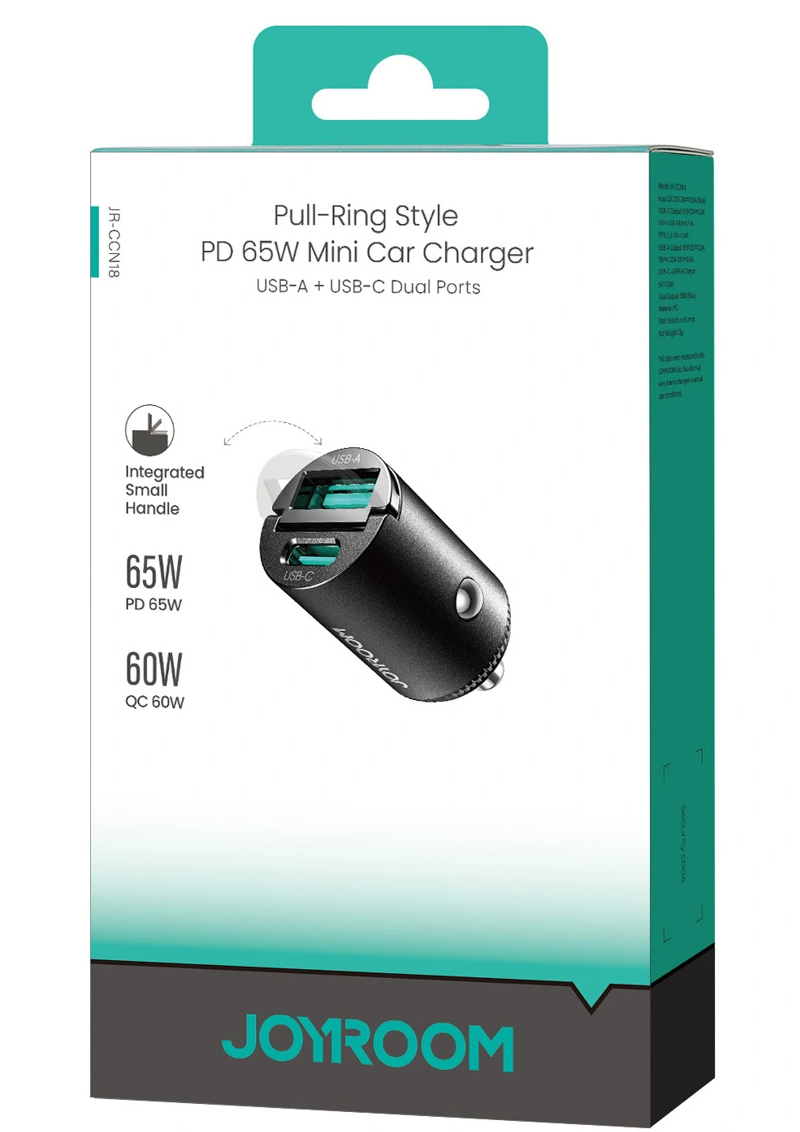 Joyroom JR-CCN18 Biloplader, 65W, 1 x USB-A - 1 x USB-C, Sort