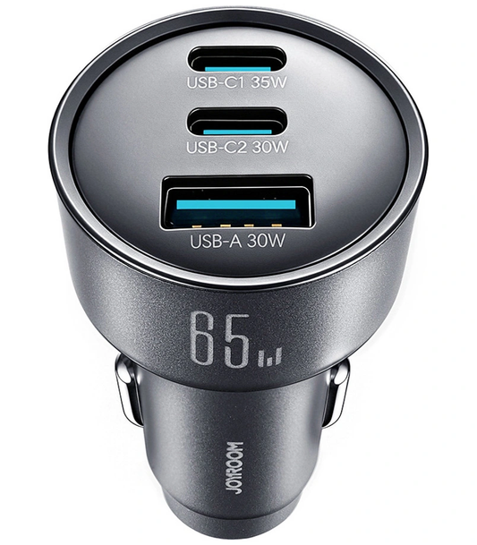 Joyroom JR-CCN19 Biloplader, 65W, 1 x USB-A - 2 x USB-C, Grå
