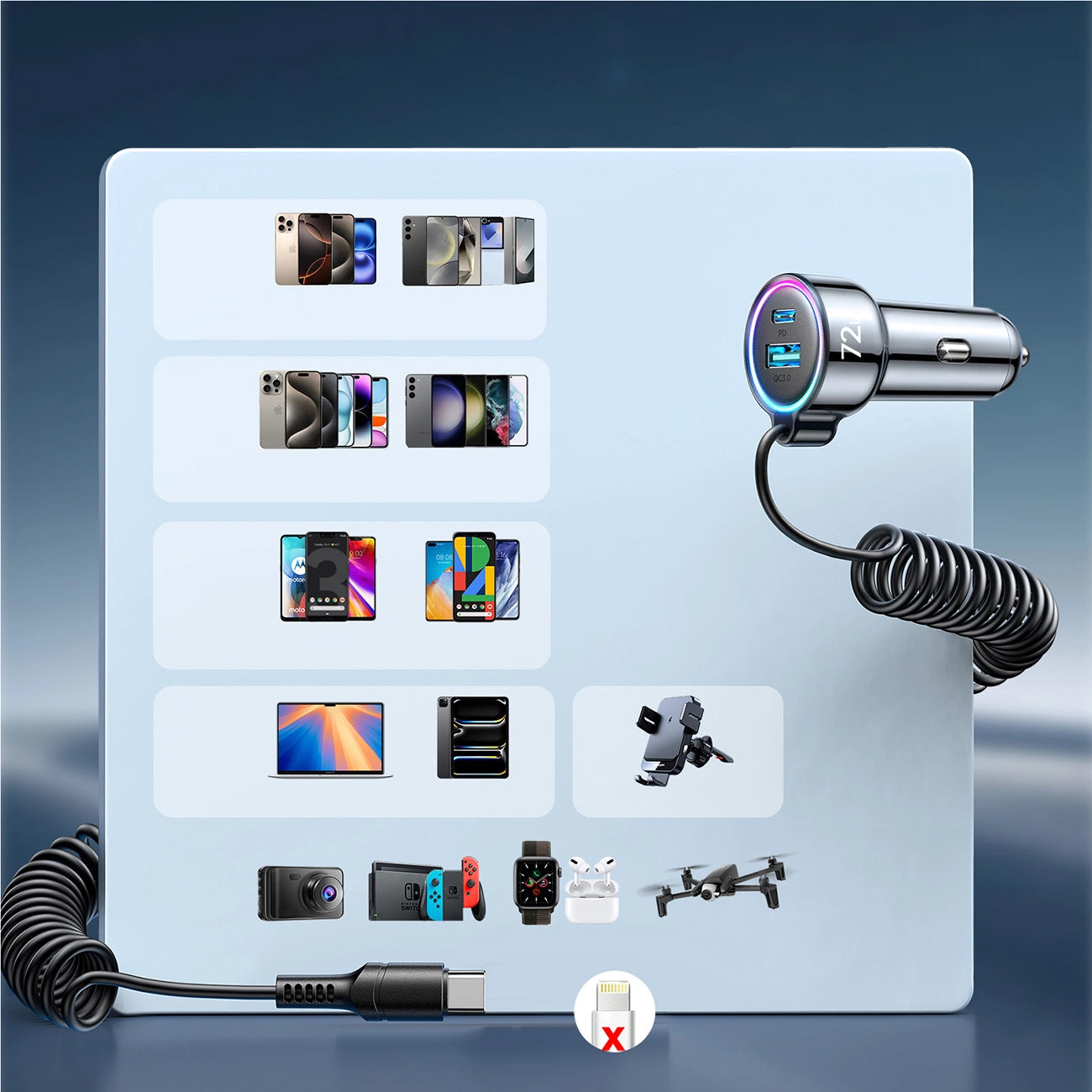 Biloplader med USB-C kabel Joyroom JR-CL07, 72W, 3A, 1 x USB-A - 1 x USB-C, Sort