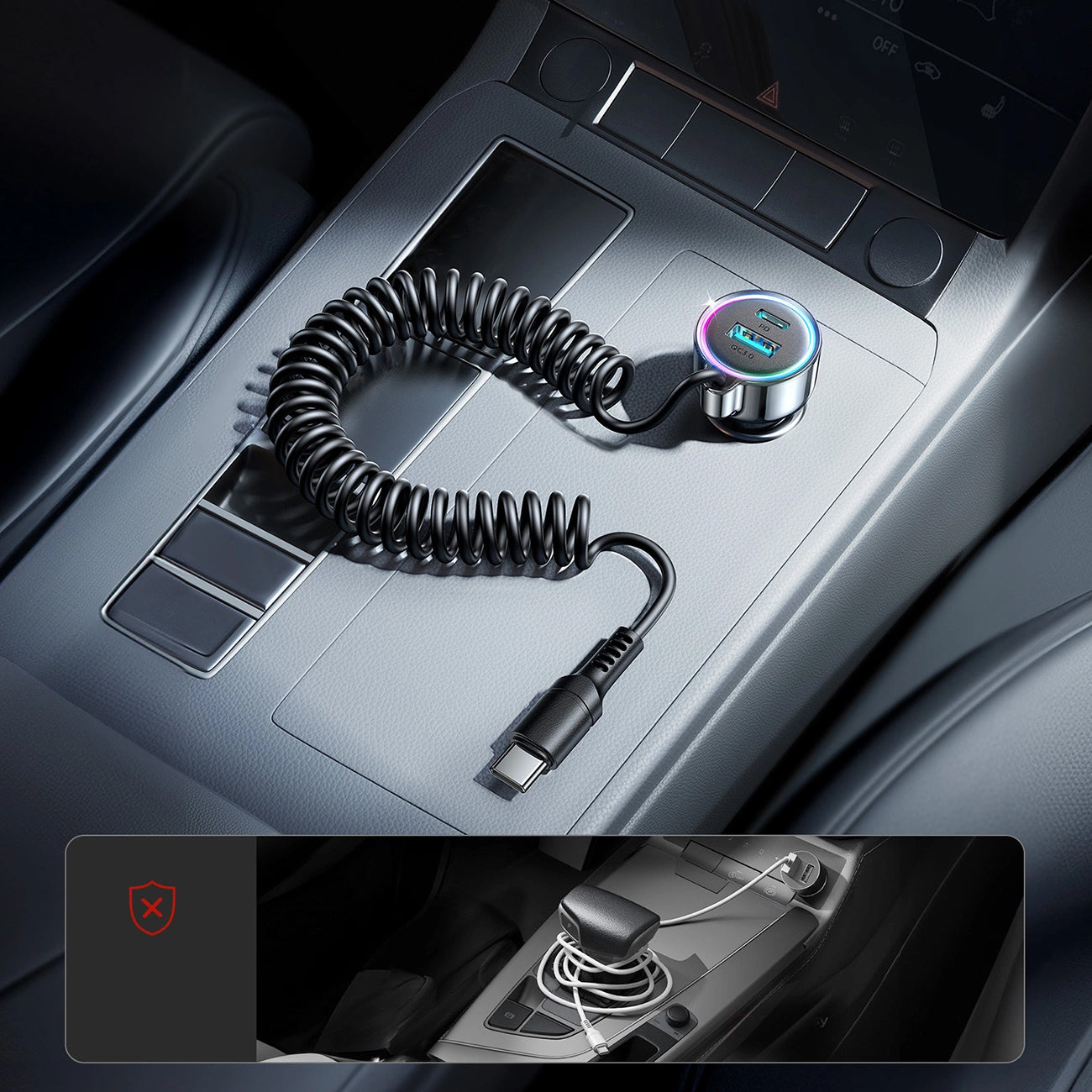 Biloplader med USB-C kabel Joyroom JR-CL07, 72W, 3A, 1 x USB-A - 1 x USB-C, Sort