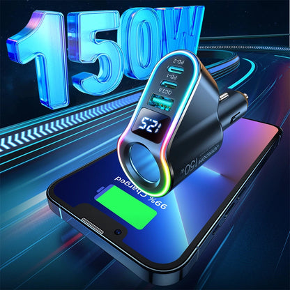 Biloplader Joyroom JR-CL21, 150W, 3A, 1 x cigarettænderforlænger - 1 x USB-A - 2 x USB-C, Sort