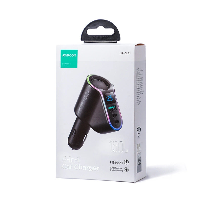 Biloplader Joyroom JR-CL21, 150W, 3A, 1 x cigarettænderforlænger - 1 x USB-A - 2 x USB-C, Sort