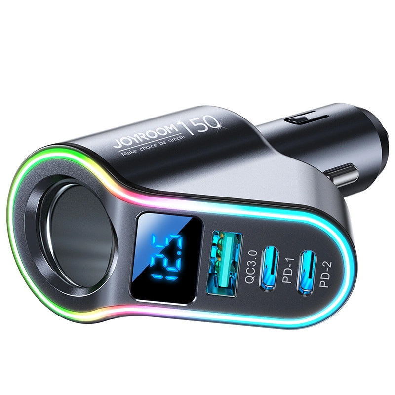 Biloplader Joyroom JR-CL21, 150W, 3A, 1 x cigarettænderforlænger - 1 x USB-A - 2 x USB-C, Sort