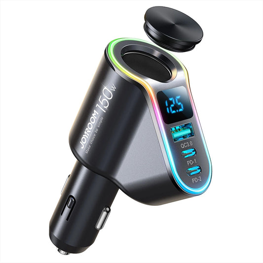Biloplader Joyroom JR-CL21, 150W, 3A, 1 x cigarettænderforlænger - 1 x USB-A - 2 x USB-C, Sort