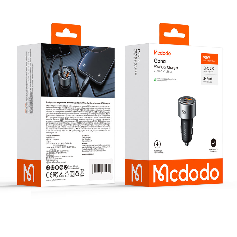 McDodo CC-3110 Gana Biloplader, 90W, 3A, 1 x USB-A - 2 x USB-C, Sort