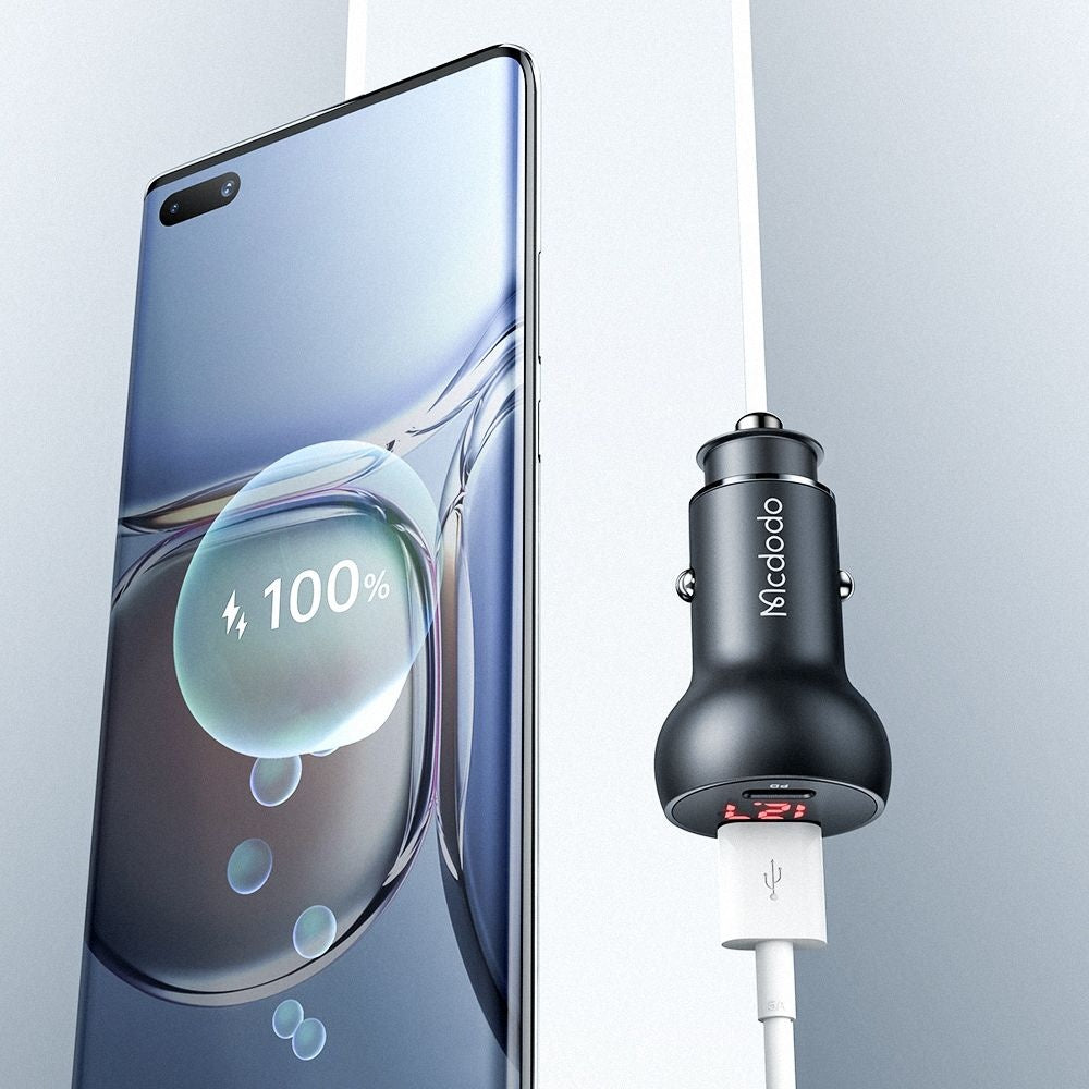 Biloplader McDodo CC-7030 Display, 45W, 5A, 1 x USB-A - 1 x USB-C, Sort