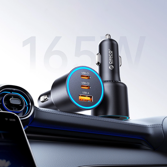 Orico HyperDrive Biloplader, 165W, 5A, 1 x USB-A - 2 x USB-C, Sort