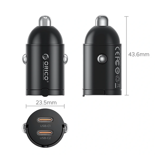 Orico MiniRing Biloplader, 30W, 3A, 2 x USB-C, Sort