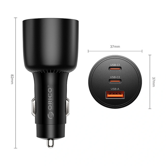 Orico PowerLink Biloplader, 165W, 5A, 1 x USB-A - 2 x USB-C, Sort