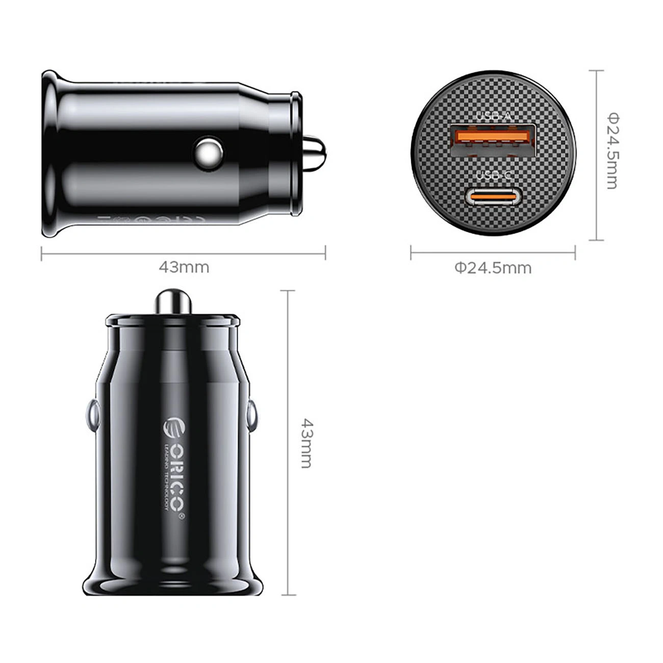 Orico PowerMini Biloplader, 30W, 3A, 1 x USB-A - 1 x USB-C, Sort