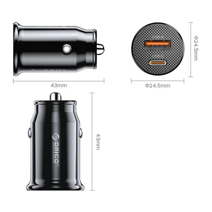 Orico PowerMini Biloplader, 30W, 3A, 1 x USB-A - 1 x USB-C, Sort