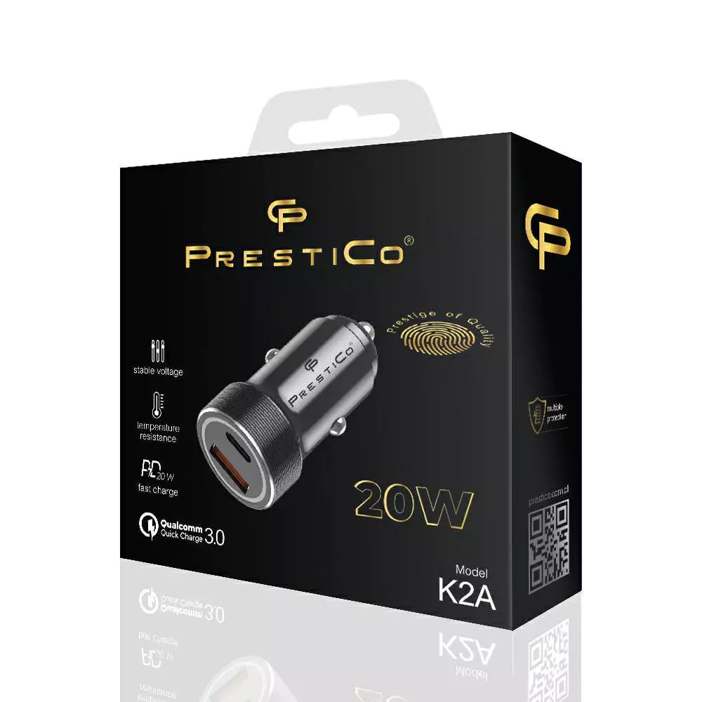 Biloplader Prestico K2A, 20W, 3A, 1 x USB-A - 1 x USB-C, Sort