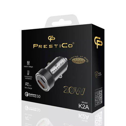 Biloplader Prestico K2A, 20W, 3A, 1 x USB-A - 1 x USB-C, Sort