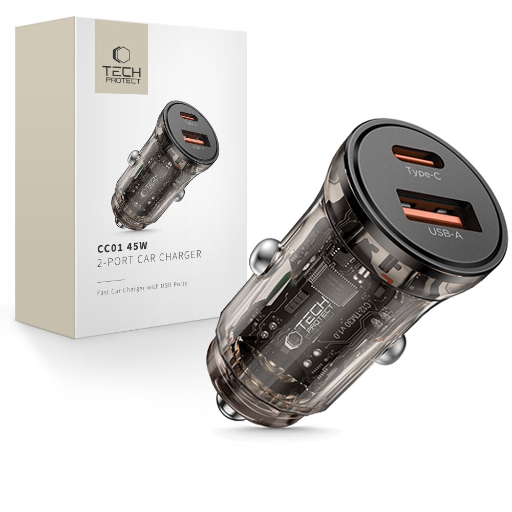 Tech-Protect CC01 Biloplader, 45W, 5A, 1 x USB-A - 1 x USB-C, Sort