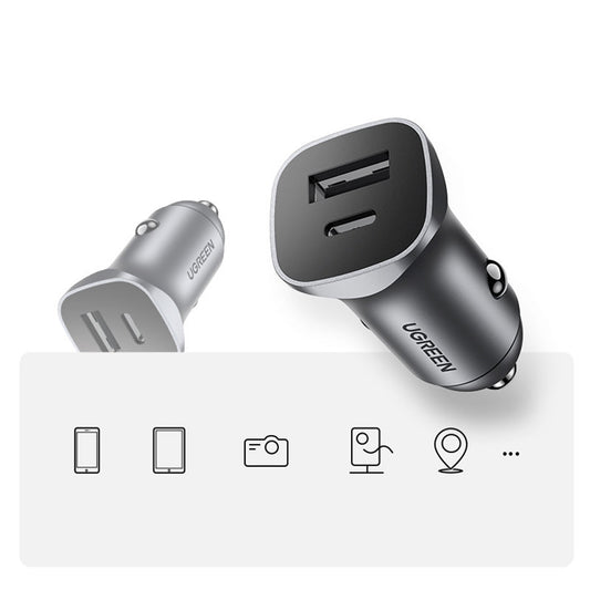 UGREEN CD130 Biloplader, 24W, 3A, 1 x USB-A - 1 x USB-C, Grå