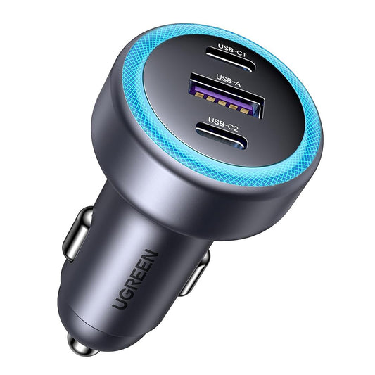 UGREEN EC307 Biloplader, 30W, 3A, 1 x USB-A - 2 x USB-C, Grå