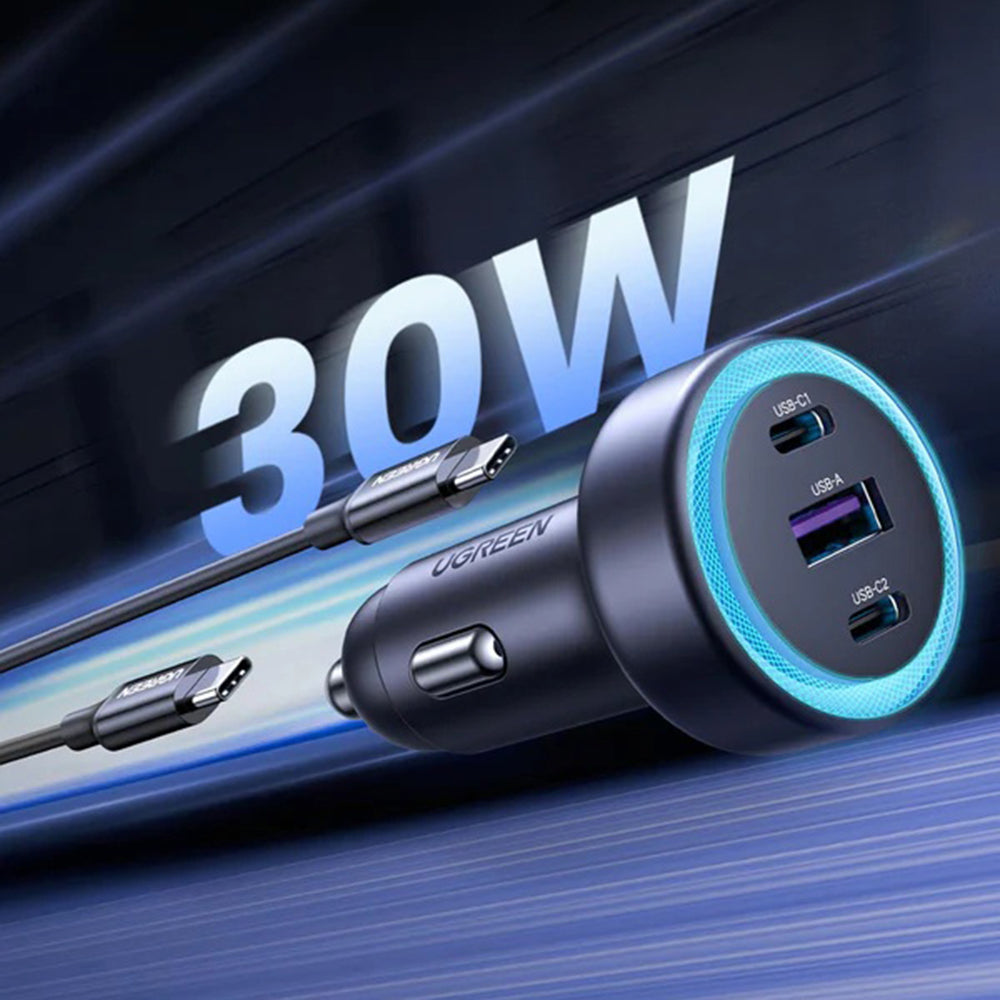 UGREEN EC307 Biloplader, 30W, 3A, 1 x USB-A - 2 x USB-C, Grå