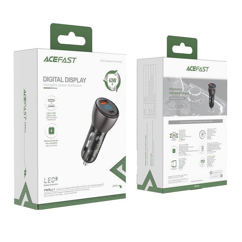 Acefast B6 Biloplader, 63W, 3,6A, 1 x USB-A - 1 x USB-C, Sort