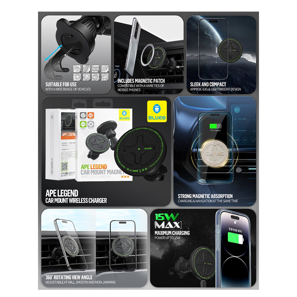 Trådløs Biloplader Blueo Ape Legend, 15W, 1.67A, Sort