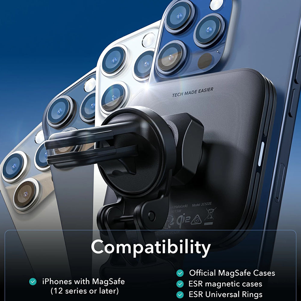 Trådløs Biloplader ESR HaloLock Vent, 15W, 1.67A, Sort