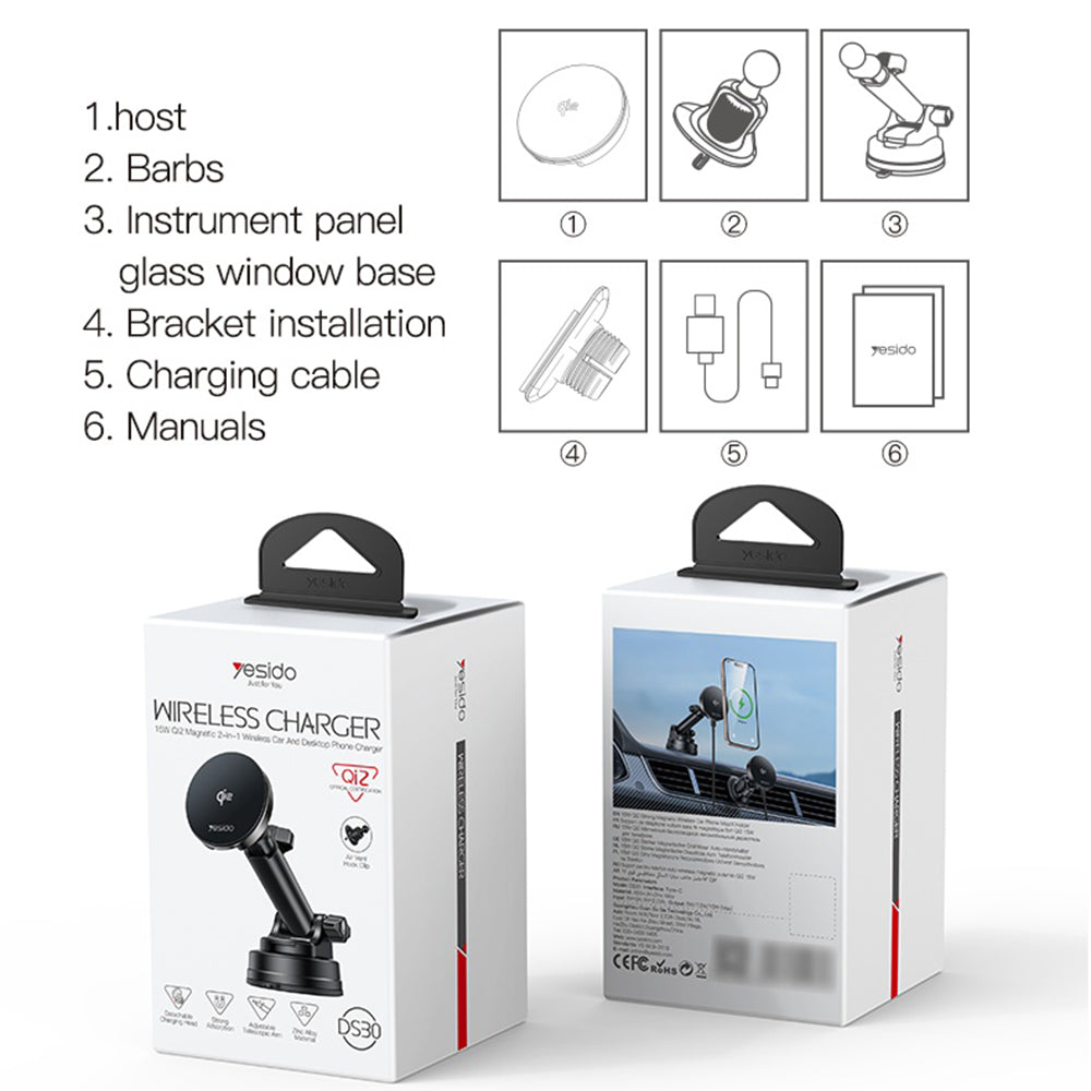 Trådløs Biloplader Yesido DS30, 15W, 1.67A, Sort