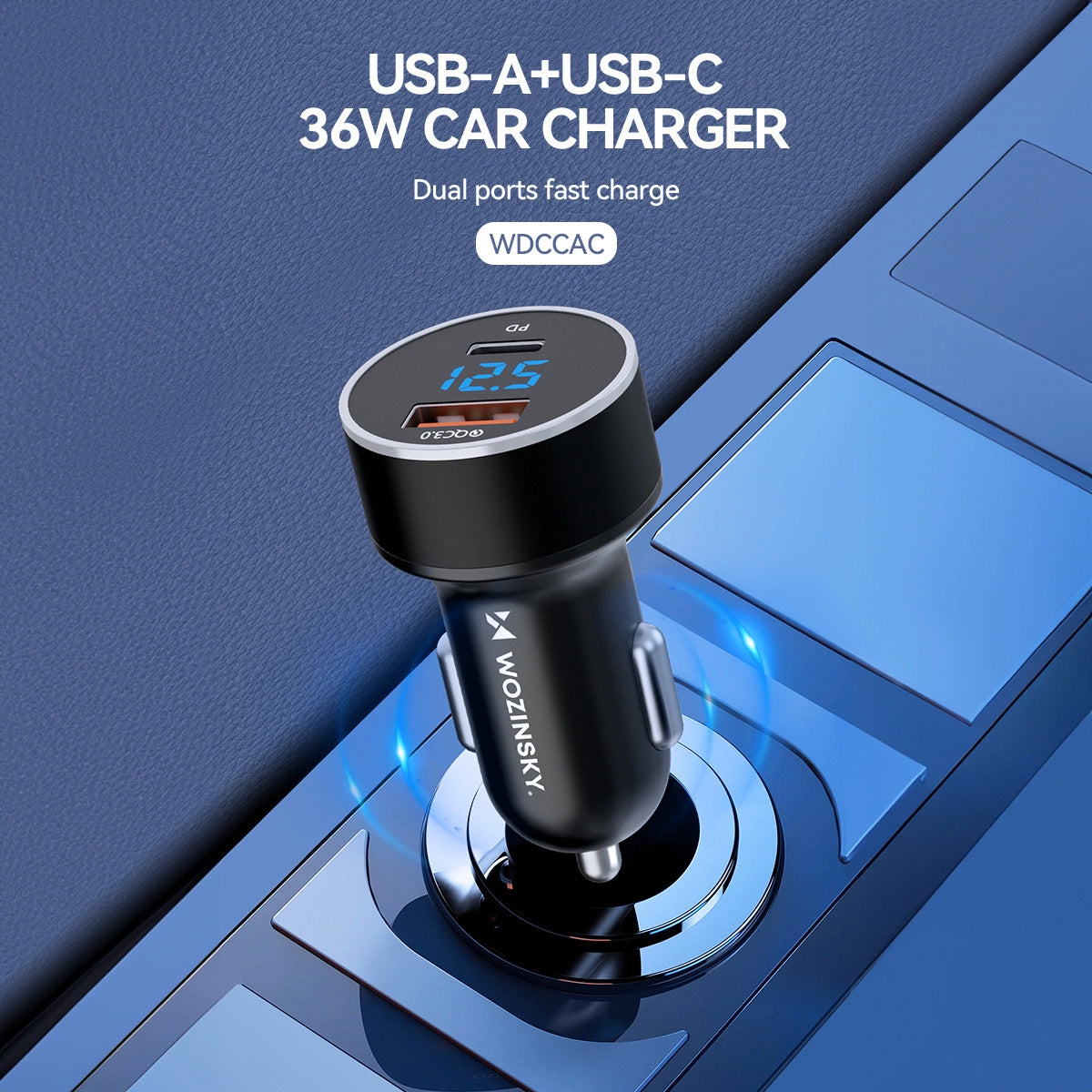 Biloplader WZK WDCCAC, 36W, 3A, 1 x USB-A - 1 x USB-C, Sort 