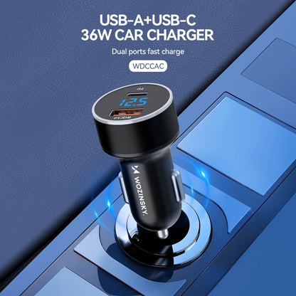 Biloplader WZK WDCCAC, 36W, 3A, 1 x USB-A - 1 x USB-C, Sort 