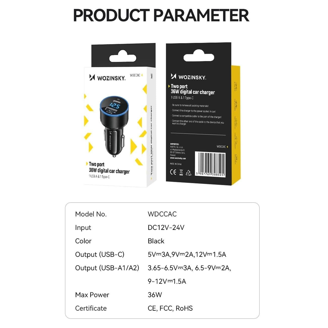 Biloplader WZK WDCCAC, 36W, 3A, 1 x USB-A - 1 x USB-C, Sort 