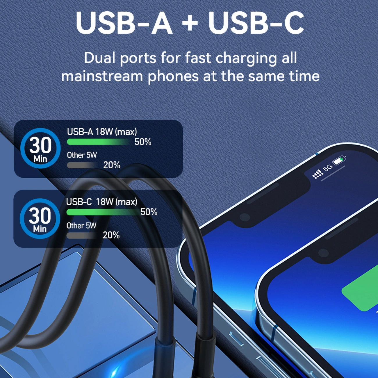 Biloplader WZK WDCCAC, 36W, 3A, 1 x USB-A - 1 x USB-C, Sort 
