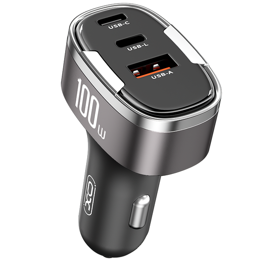 Biloplader XO Design CC61, 100W, 3A, 1 x Lightning - 1 x USB-A - 1 x USB-C, Grå