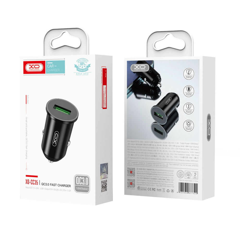 Biloplader XO Design CC35, 18W, 3A, 1 x USB-A, Sort