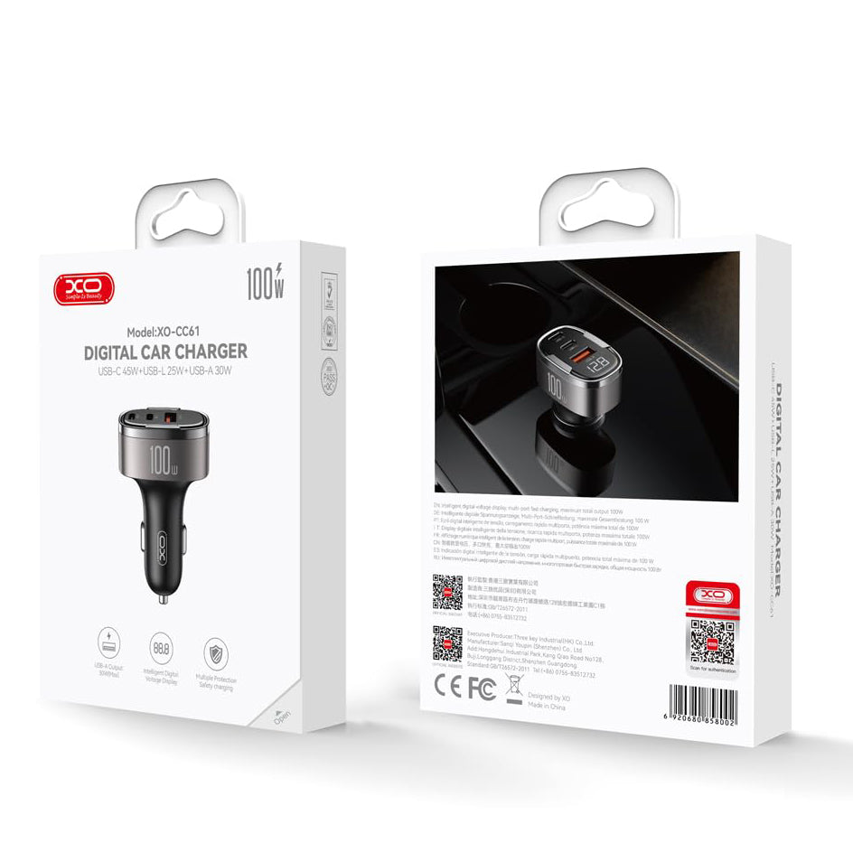XO Design CC61 Car Charger, 100W, 3A, 1 x Lightning - 1 x USB-A - 1 x USB-C, Gray