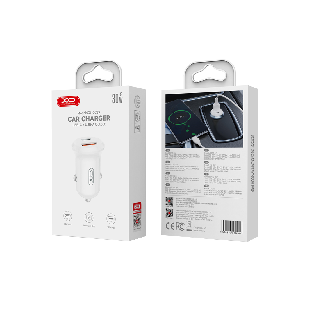 Biloplader XO Design CC69, 30W, 3A, 1 x USB-A - 1 x USB-C, Hvid