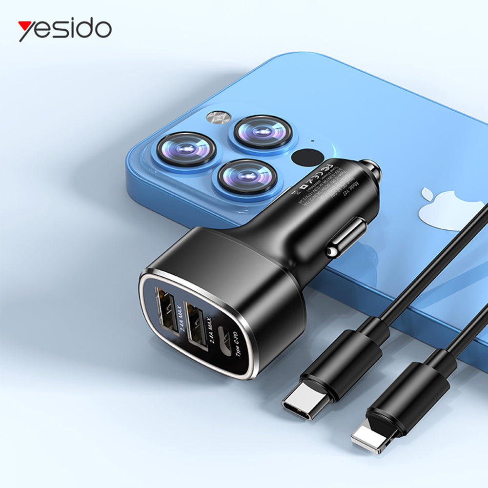 Biloplader Yesido Y47, 49W, 3A, 2 x USB-A - 1 x USB-C, Sort