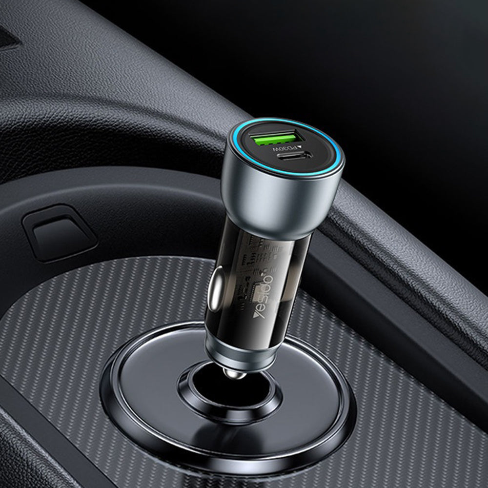 Biloplader Yesido Y49, 30W, 3A, 1 x USB-A - 1 x USB-C, Grå