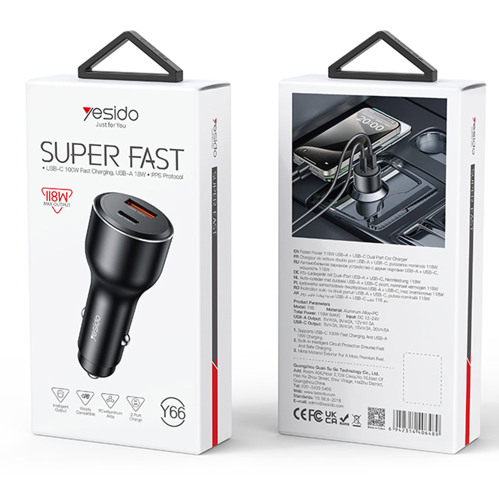Biloplader Yesido Y65, 100W, 5A, 1 x USB-A - 1 x USB-C, Sort