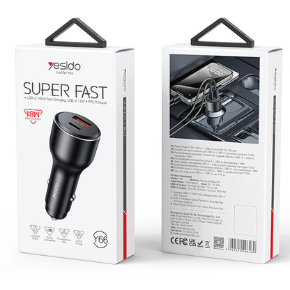 Biloplader Yesido Y65, 100W, 5A, 1 x USB-A - 1 x USB-C, Sort