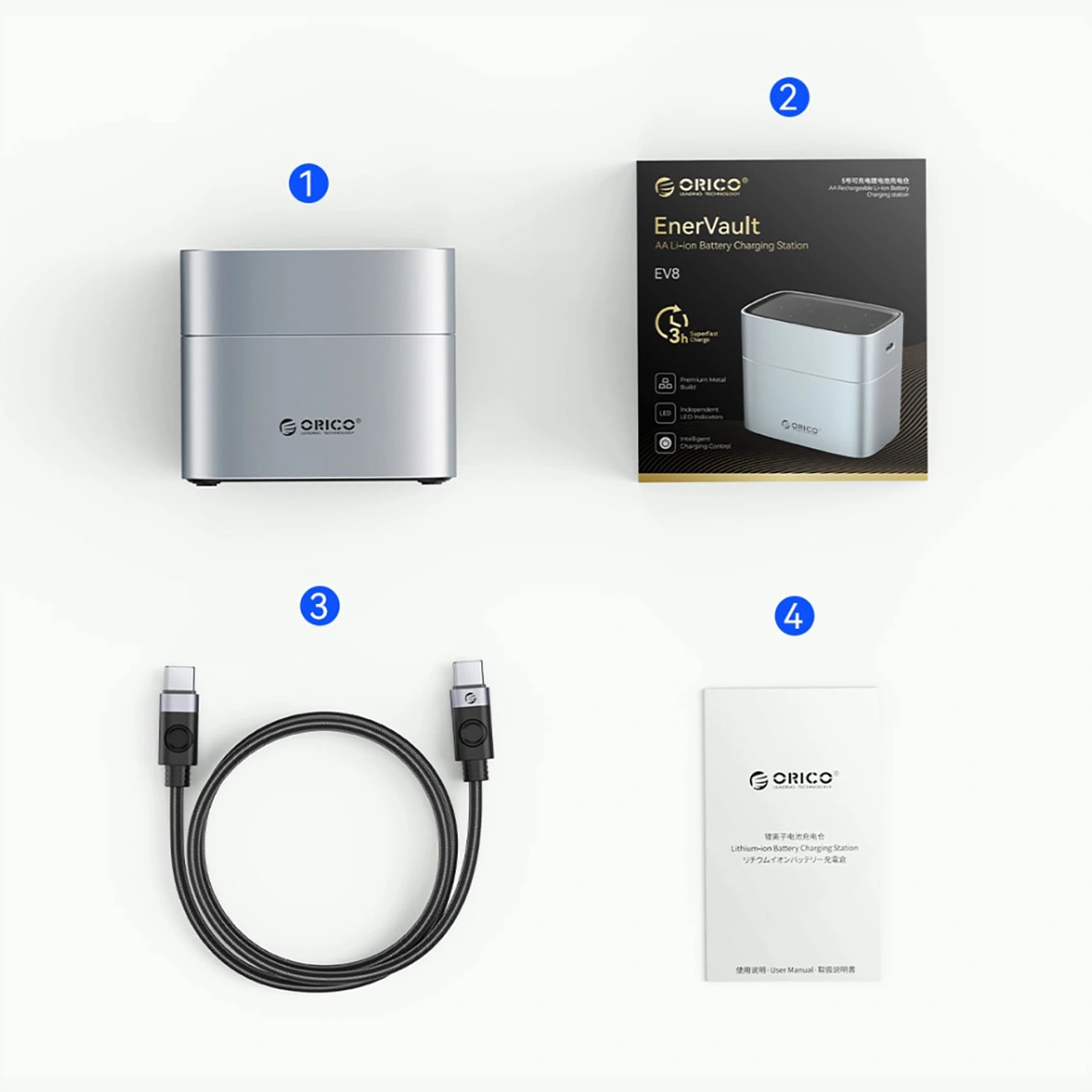 Orico EV8 Batterioplader, AA, Grå