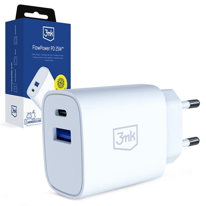 3MK FlowPower Netoplader, 25W, 1 x USB-A - 1 x USB-C, Hvid