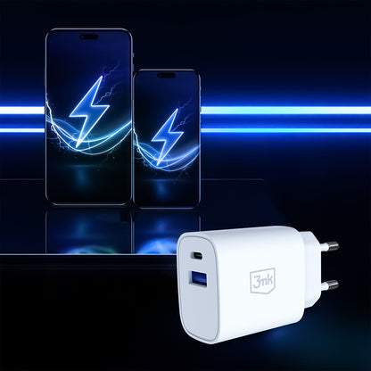 3MK FlowPower Netoplader, 25W, 1 x USB-A - 1 x USB-C, Hvid