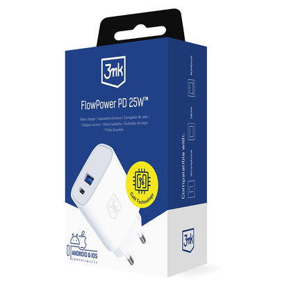 3MK FlowPower Netoplader, 25W, 1 x USB-A - 1 x USB-C, Hvid
