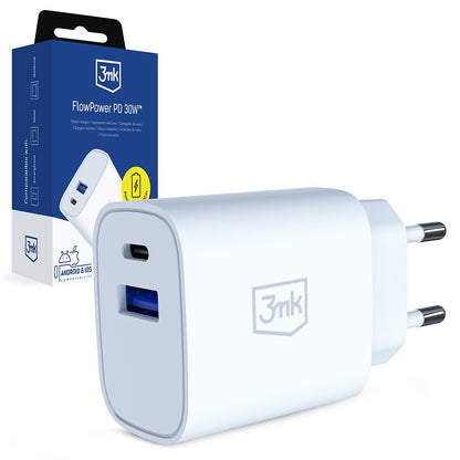 3MK FlowPower Netoplader, 30W, 1 x USB-A - 1 x USB-C, Hvid