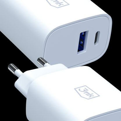 3MK FlowPower Netoplader, 30W, 1 x USB-A - 1 x USB-C, Hvid