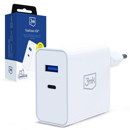 3MK FlowPower Netoplader, 45W, 1 x USB-A - 1 x USB-C, Hvid