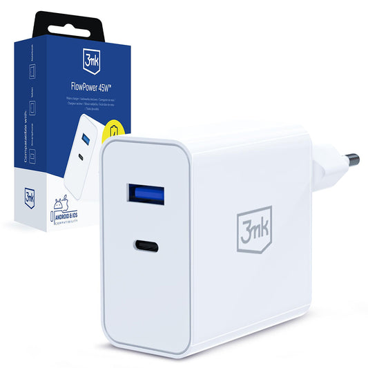 3MK FlowPower Netoplader, 45W, 1 x USB-A - 1 x USB-C, Hvid