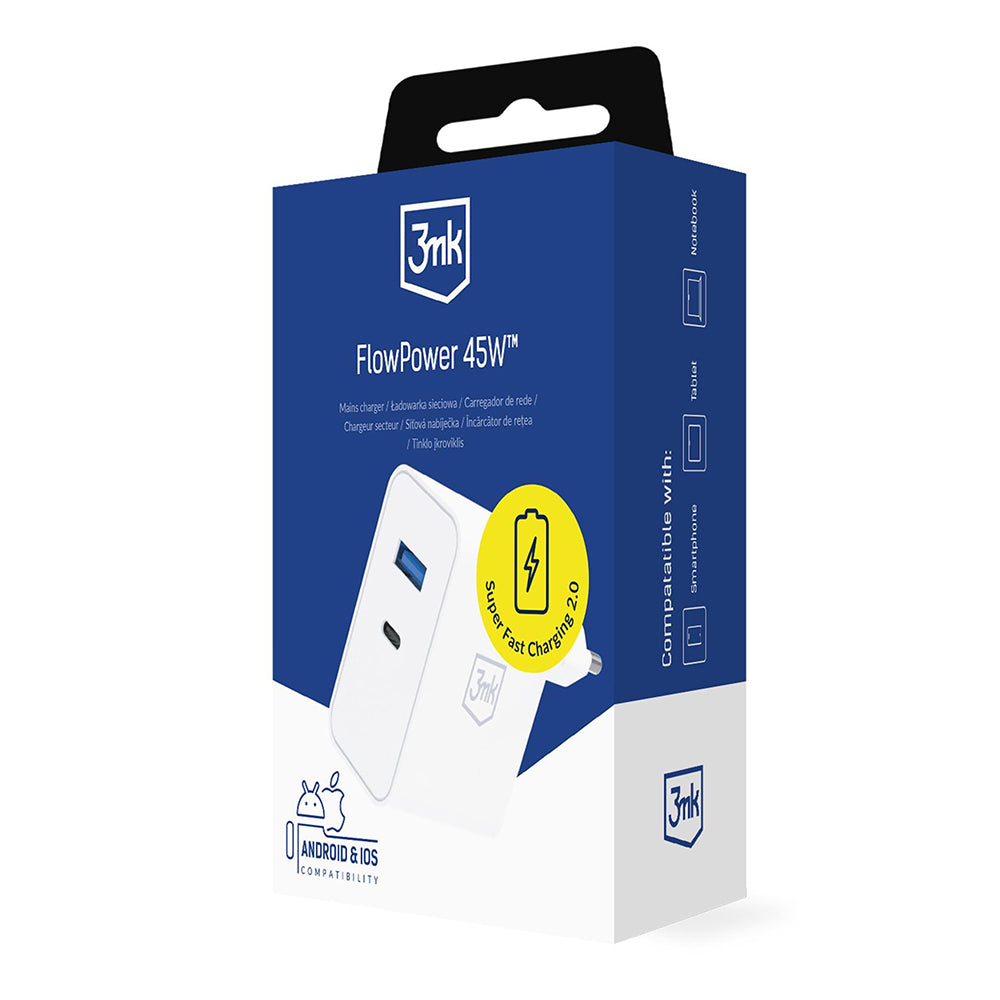 3MK FlowPower Netoplader, 45W, 1 x USB-A - 1 x USB-C, Hvid