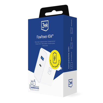 3MK FlowPower Netoplader, 45W, 1 x USB-A - 1 x USB-C, Hvid
