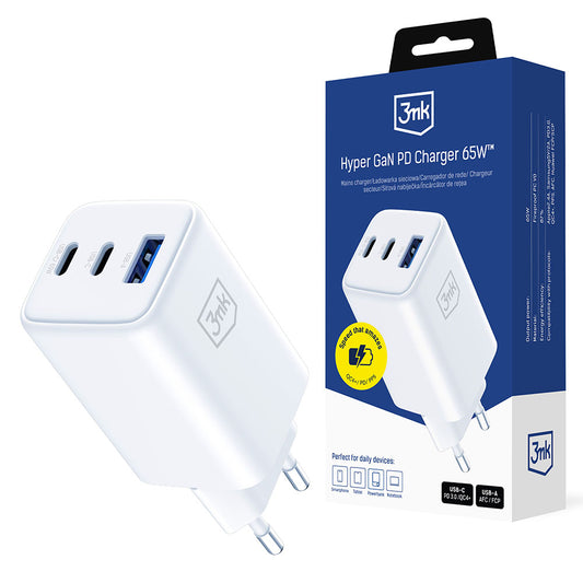 Netværksoplader 3MK Hyper, 65W, 3.25A, 1 x USB-A - 2 x USB-C, Hvid